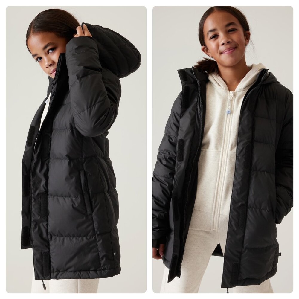 Athleta Girl Snow Day Down Jacket Puffer Winter Coat Size XL 14 Black Hood